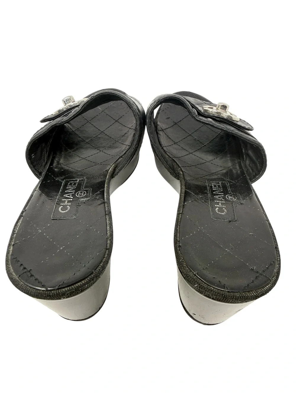 Chanel Black Quilted CC Slip On Turnlock Platform Mules Slides Clogs Sandals 38